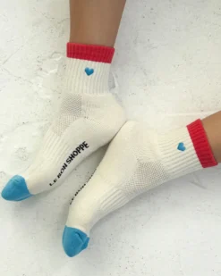Embroidered Color Block Girlfriend Socks - Blue Red + Heart