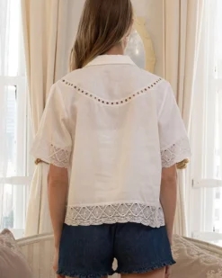 Embroidered Lace Trim Button Blouse - Ivory