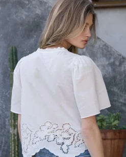 Embroidered Scallop Hem Puff Sleeve Blouse - White