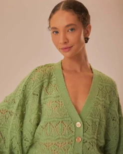 Green Textured Knit Cardigan
