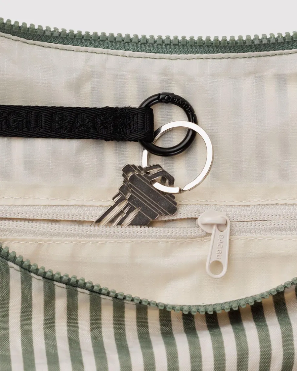 Large Nylon Crescent Bag w/ Key Leash - Sage Stripe