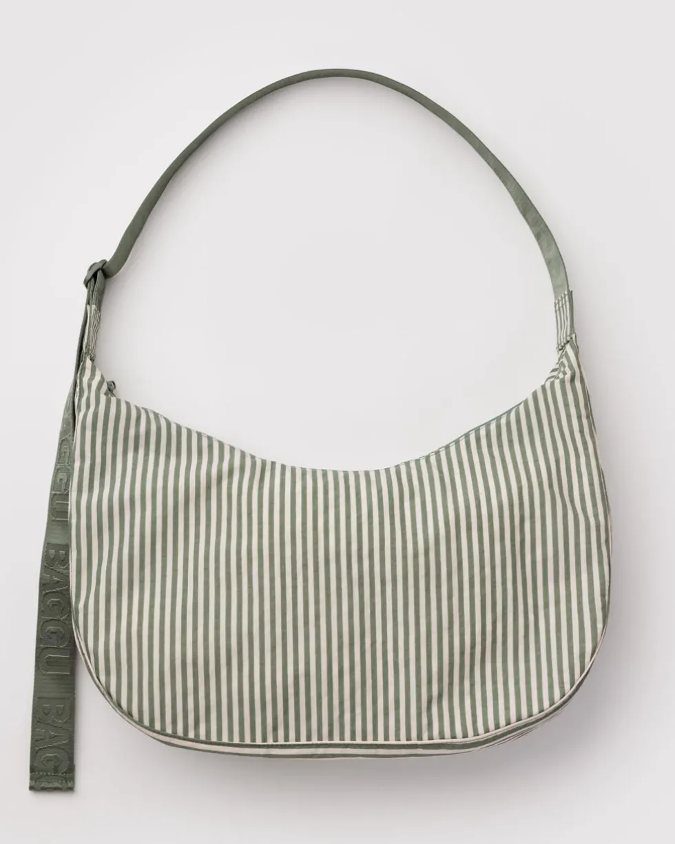 Large Nylon Crescent Bag w/ Key Leash - Sage Stripe
