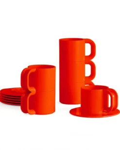 Max Dinnerware Red Orange Mugs + Saucers - Set of 6