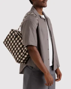 Medium Nylon Bowler Bag - Blurred Gingham Brown