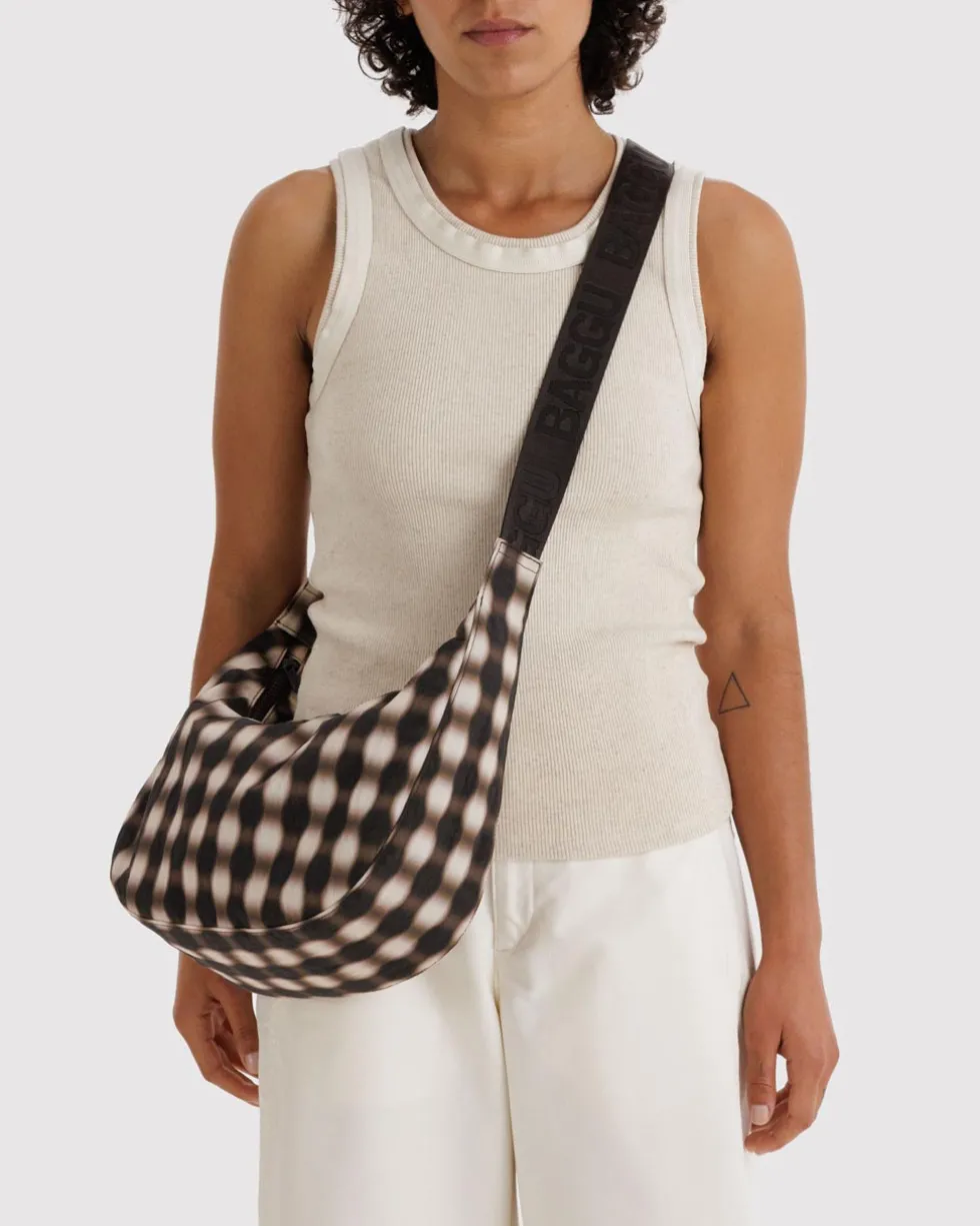 Medium Nylon Crescent Bag w/ Key Leash - Blurred Gingham Brown