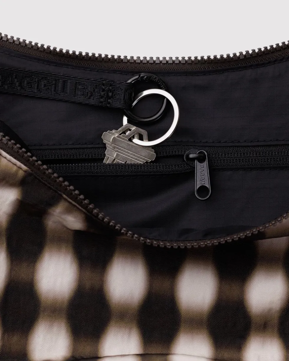 Medium Nylon Crescent Bag w/ Key Leash - Blurred Gingham Brown
