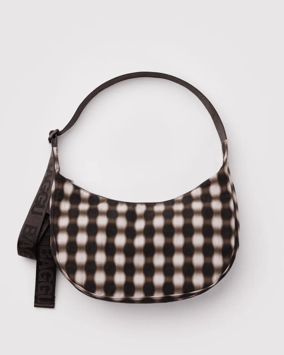 Medium Nylon Crescent Bag w/ Key Leash - Blurred Gingham Brown