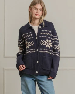 Nordic Snowflake Knit Cardigan - Navy