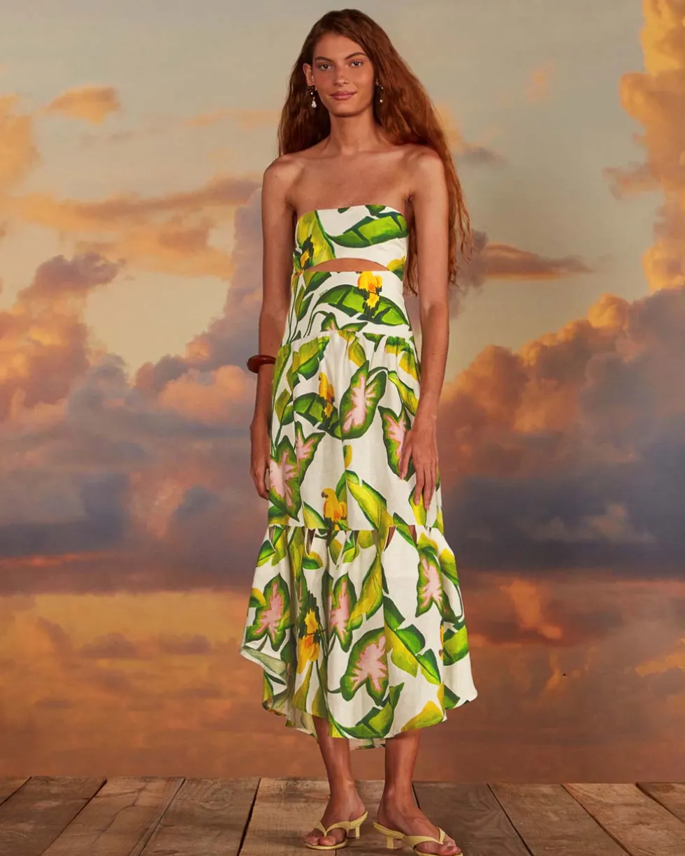 Off-White Summer Foliage Strapless Midi Dress
