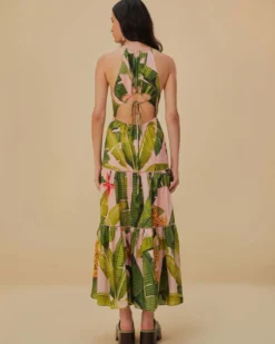 Pink Banana Leaves Sleeveless Maxi Dress
