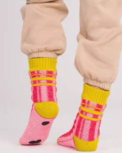Plaid Stripe House Socks - Pink Red