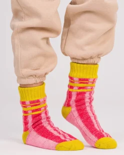 Plaid Stripe House Socks - Pink Red