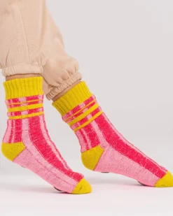 Plaid Stripe House Socks - Pink Red
