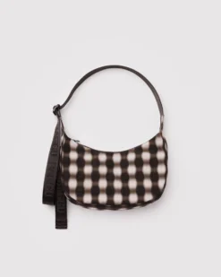 Small Nylon Crescent Bag w/ Key Leash - Blurred Gingham Brown
