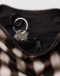 Small Nylon Crescent Bag w/ Key Leash - Blurred Gingham Brown