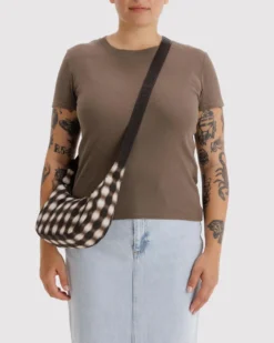 Small Nylon Crescent Bag w/ Key Leash - Blurred Gingham Brown