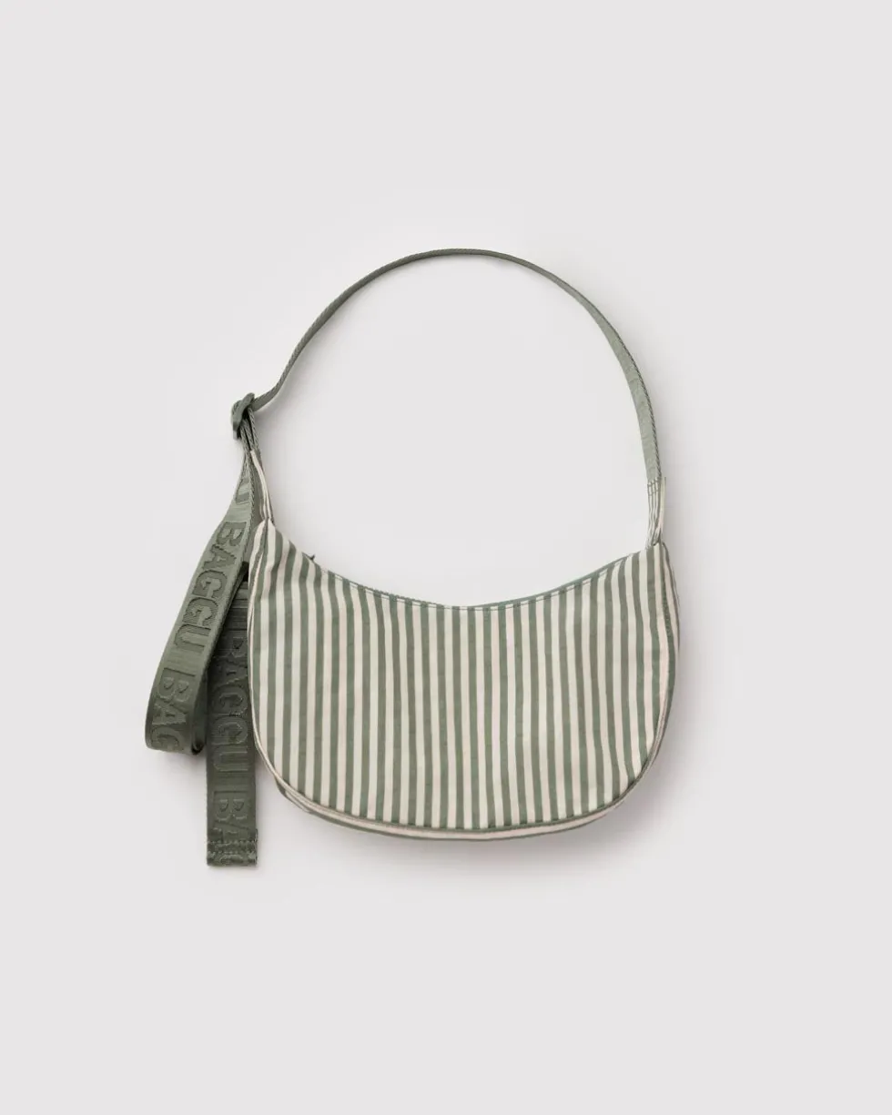 Small Nylon Crescent Bag w/ Key Leash - Sage Stripe