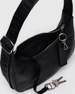Small Recycled Leather Crescent Bag - Black