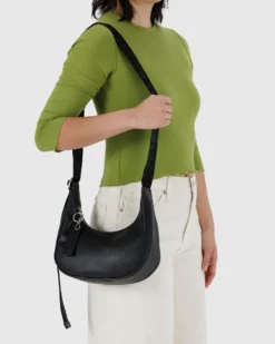 Small Recycled Leather Crescent Bag - Black
